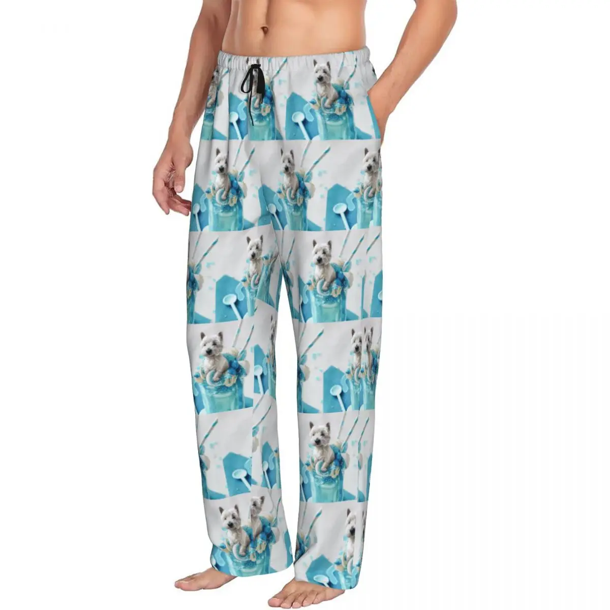 Custom Men's Westie Blue Marshmallow Shake Pajama Pants Print West Highland Terrier Dog Sleep Sleepwear Bottoms with Pockets