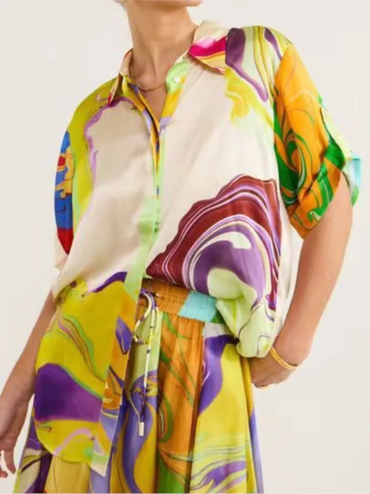 Color Print Skirts Two Piece Set Temperament Satin Half Sleeves Shirts Elastic Waist A-line Skirt 2 Piece Sets Fashion Lady Suit