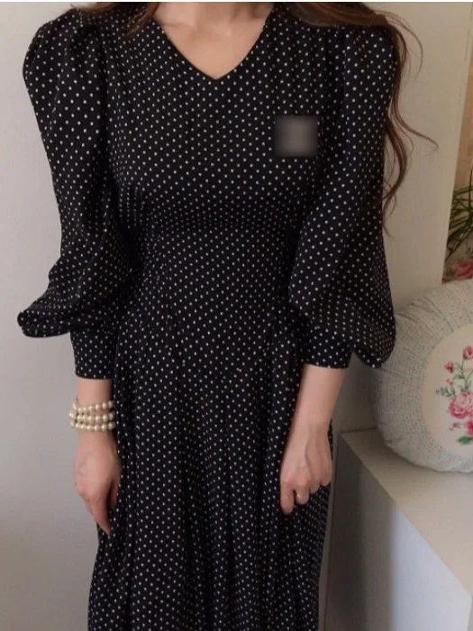 Elegant Vintage Spring Summer Autumn Winter Women's Long Sleeve Polka Dot Dress with Belt Slimming Color Block Pleated Skirt