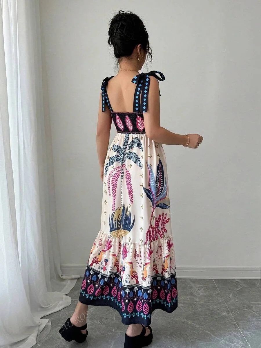 Sukienka na szelkach w stylu boho z nadrukiem, seksowna, z odkrytymi ramionami, elastyczna, z wysokim stanem, z szerokim dołem, długa, codzienna, wakacyjna odzież damska.