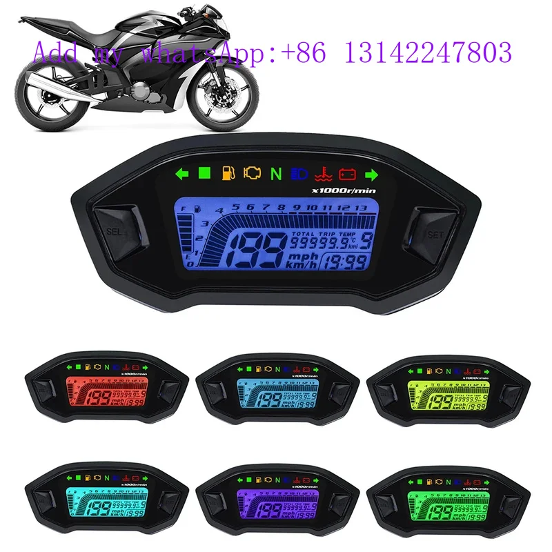 Motorcycle LED Digital Tachometer 0-13000RPM 7 Colors Back Dashboard with Sensor Universal Odometer For 1,2,4 Cylinder