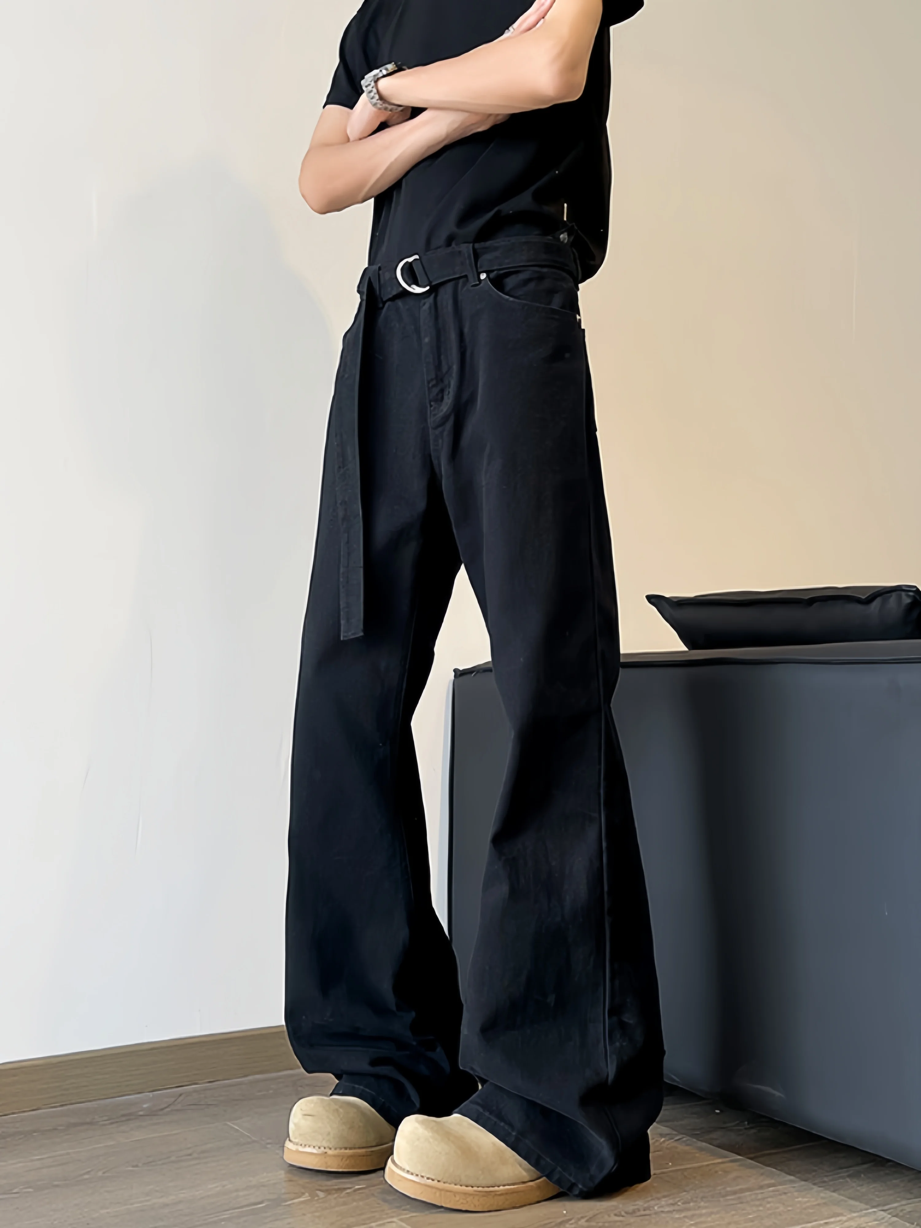 Cleanfit Black Knife Blade Design Men's Jeans High Street Straight Leg Micro Flare Pants Casual Wear Durable Denim Jeans