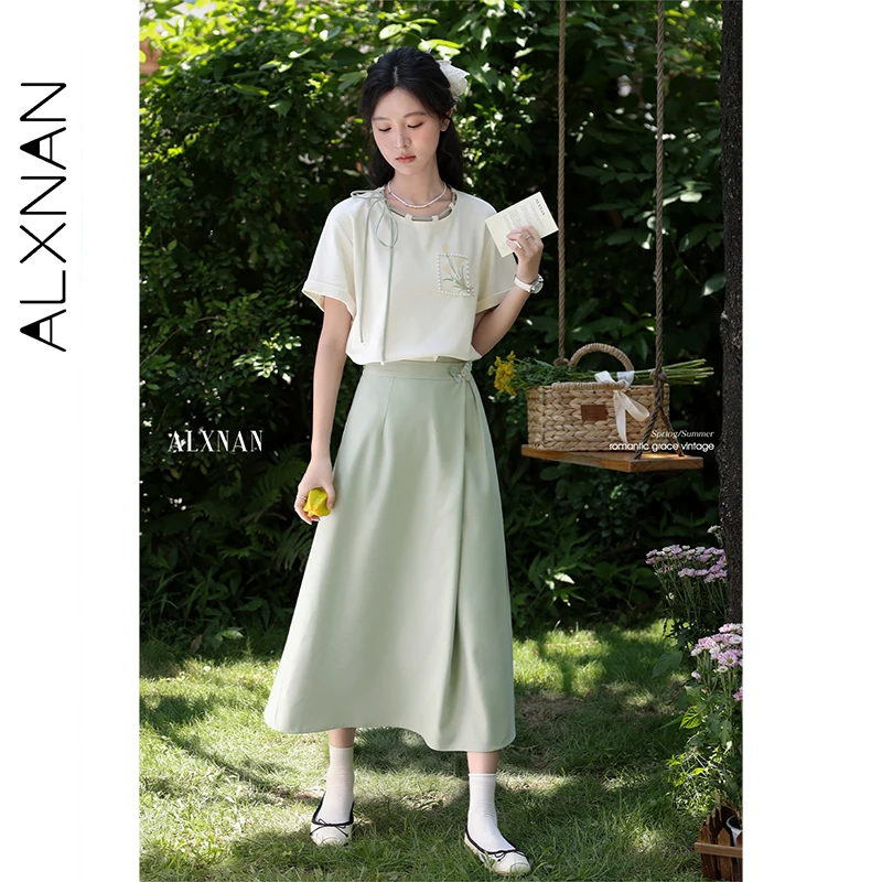 ALXNAN Plus Size Printed T-shirt Lace-up Beaded Design Women's T-shirt Summer Elegant Loose-fit Short Sleeve Tops Ladies D112112