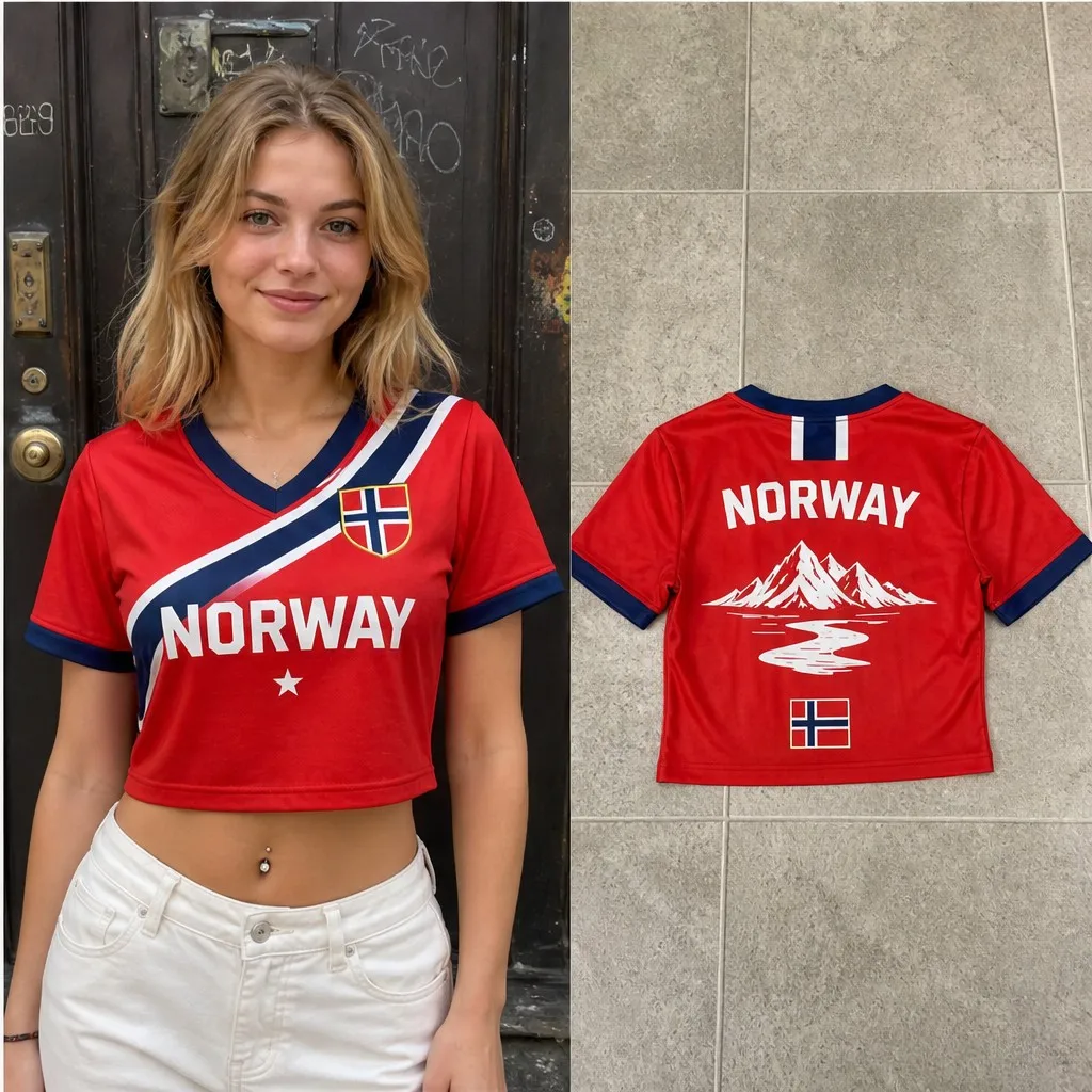 Womens V Neck Cropped Tee Norway Flag Stripe Print Short Sleeve Summer Casual Top With Mountain Back Nordic Street Shirt Daywear