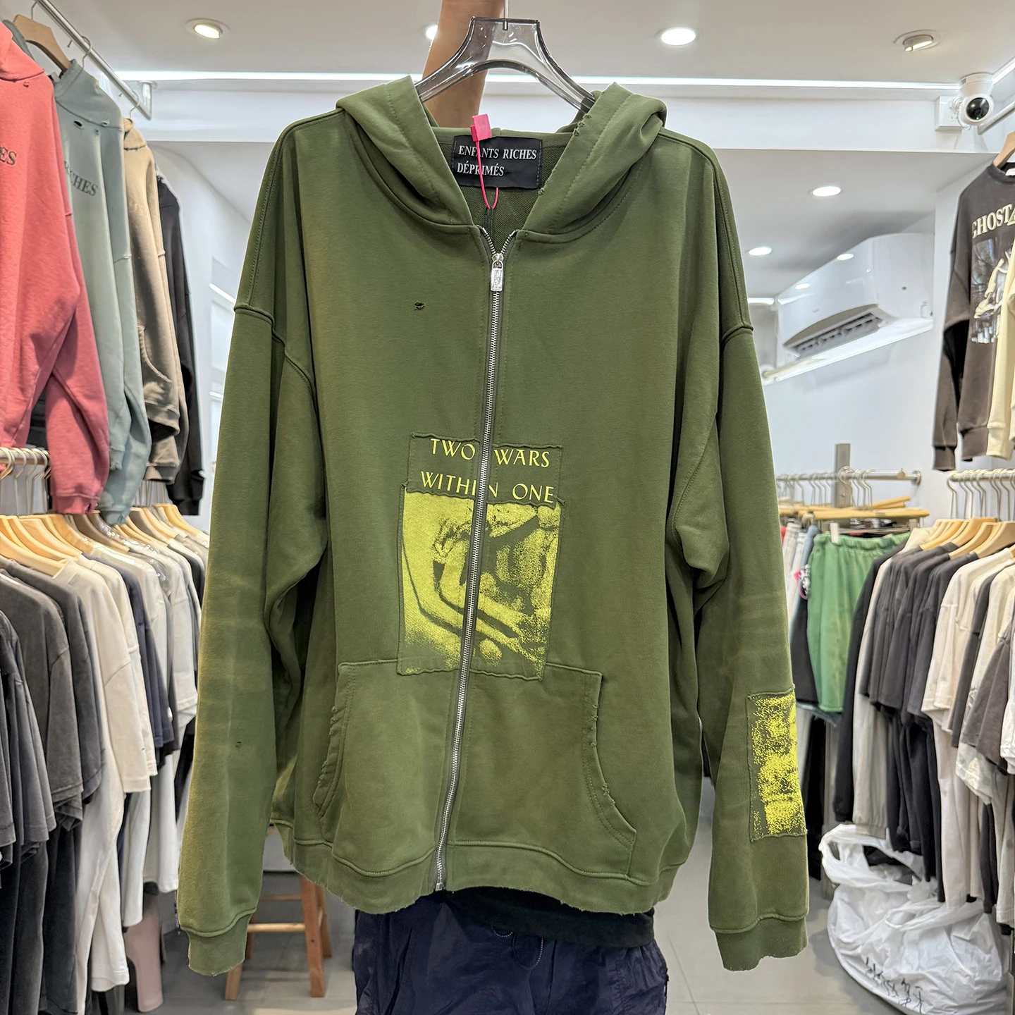 

American Deprive Rich Second Generation Character Patchwork Worn-In Hoodie Street Sle Loose Zipper Jaet for Couples