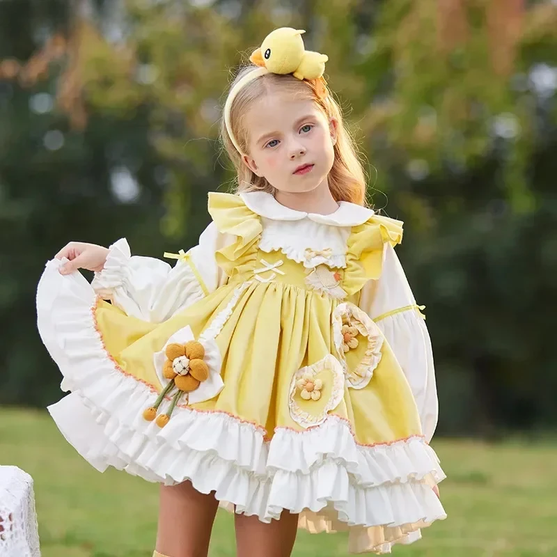 2024 Princess Lolita Dress for Girls Children Infant Vestidos Yellow Duck Layered Dresses for Kids Spanish Velvet Winter Autumn