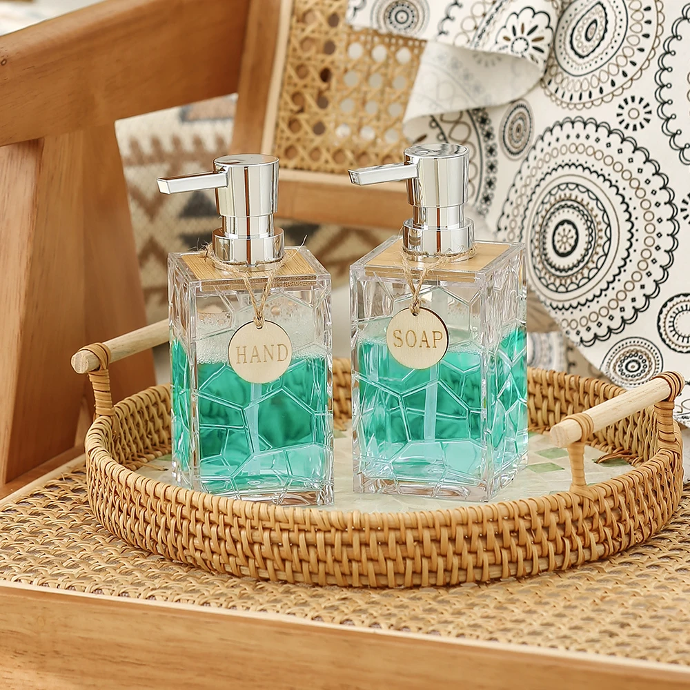 2 Pack Clear Acrylic Soap Dispenser with Bamboo Accents and Wooden Tags for Bathroom and Kitchen Counter