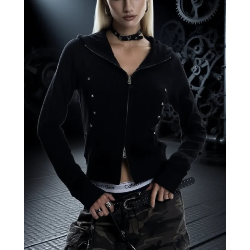 Rétro américain, cool, hip-hop, street wear gothique, design de décoration Liuding, veste de sweat à capuche courte coupe slim