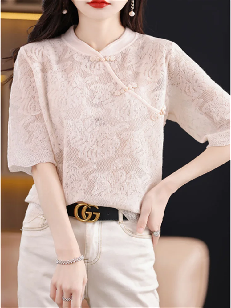 Ice Silk Tshirt Women Short Sleeve Blouses Retro Buttons Summer T-shirts Jacquard Hollowed out Knitwear Thin Pullover Female Tee