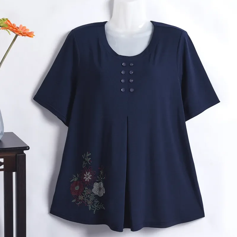 Plus Size Women's Summer Short Sleeve T-shirt Floral Rhinestone Decor Loose Casual Blouse Hide Belly Slimming