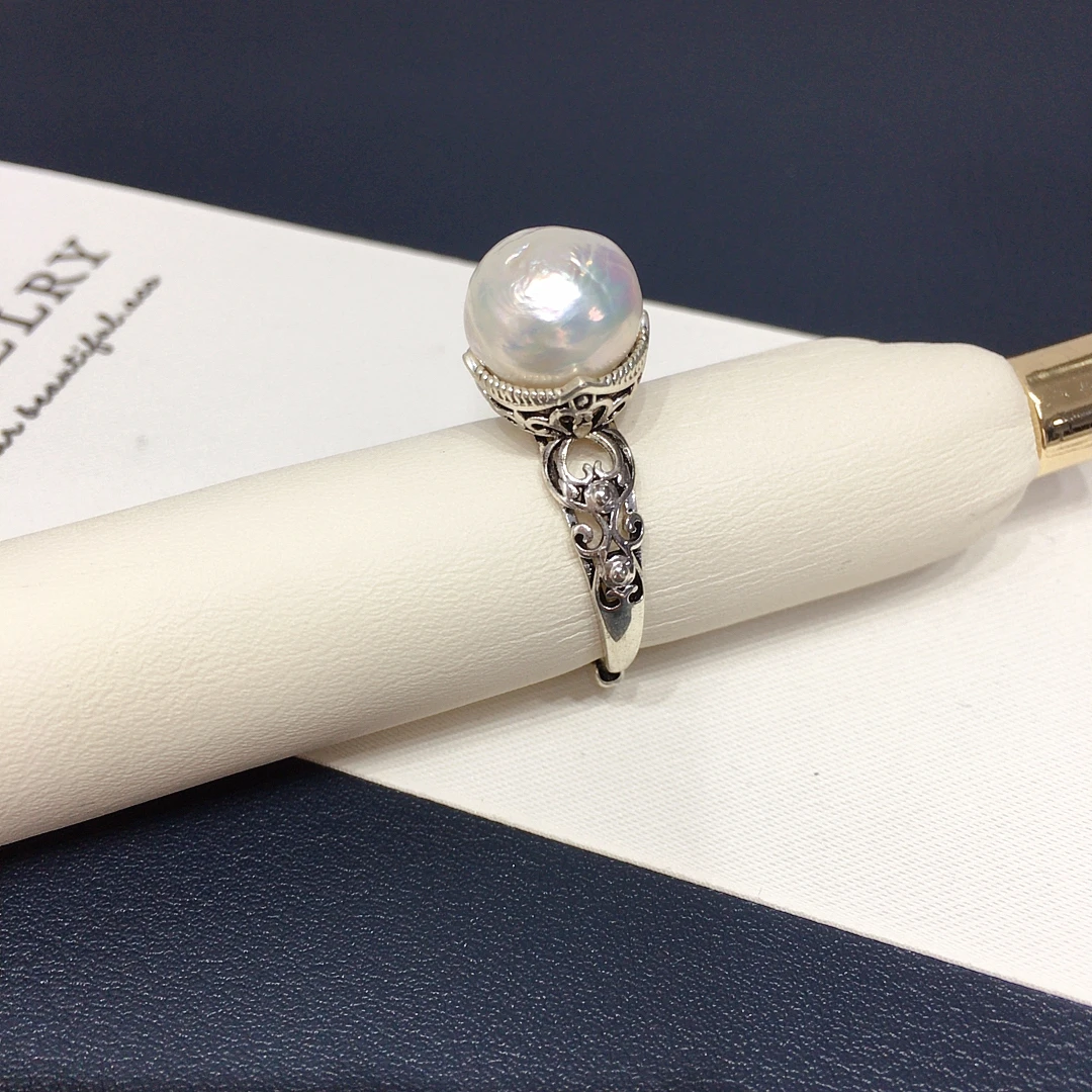 

2025 New Collection Retro Distress Freshwater Pearl Baroque Ring Adjustable Hollowed Out Pattern Premium Jewelry Elegant Gift