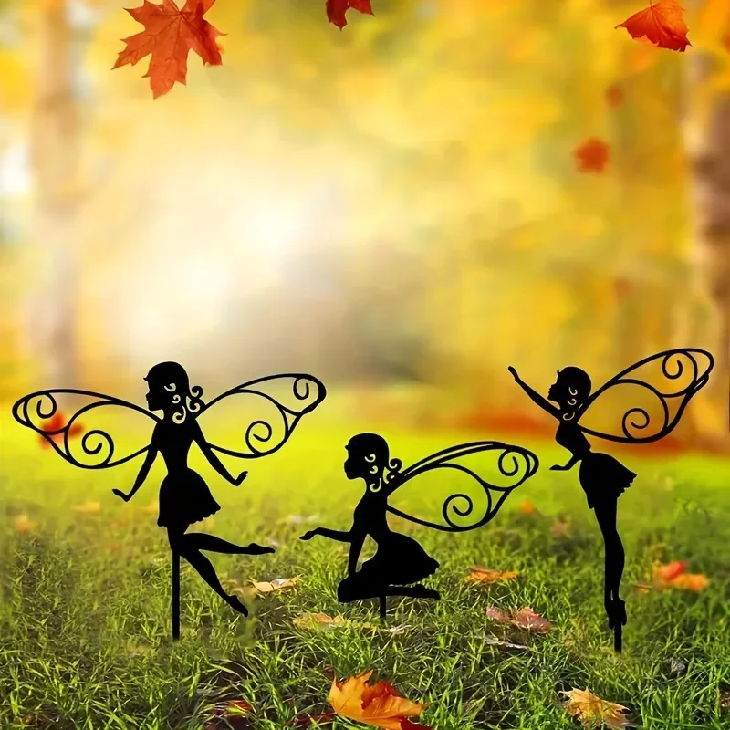 3pcs Ground Inserts for Outdoor Decor, Perfect for Patio, Yard, and Lawn Art Metal Flower Fairy    Silhouette Garden Stakes