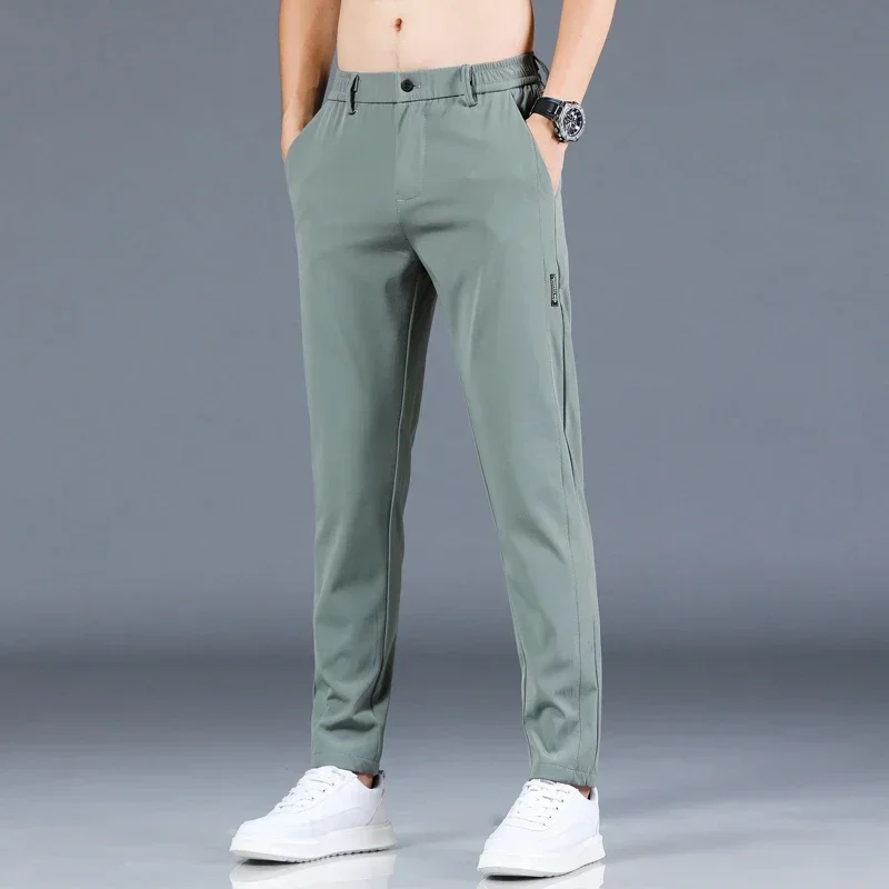 2024 Summer New Thin Ice Silk Stretch Men\'s Pants Casual Elastic Waist Smooth Trouser Pants Male Brand Clothing 5 Colour