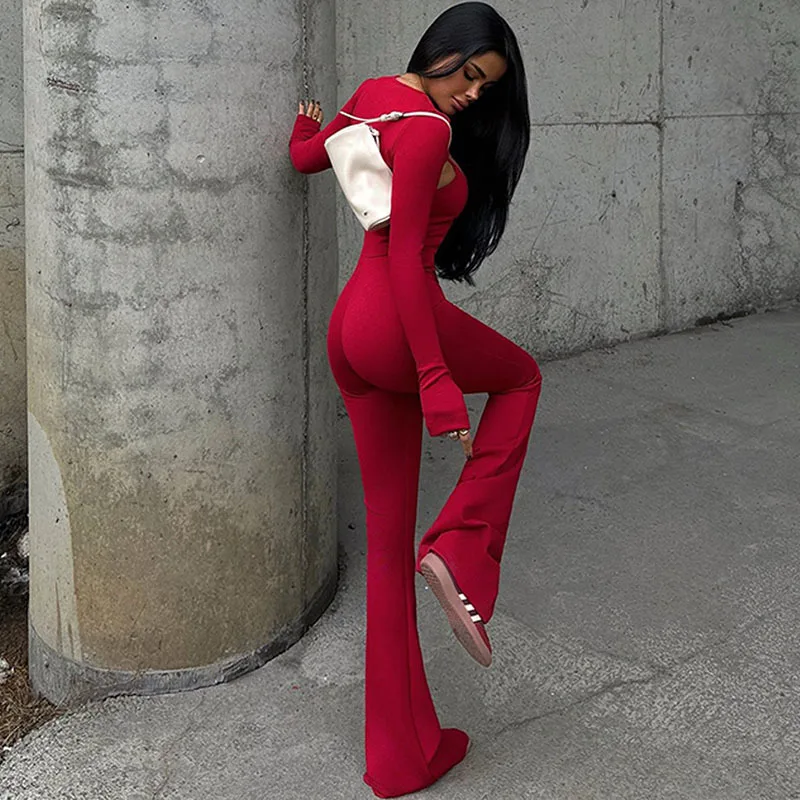 Apprabant Women Sexy Solid Jumpsuits Two-piece Set Sexy Round Neck Long Sleeved Smock Backless Tight Fit Camisole Jumpsuit