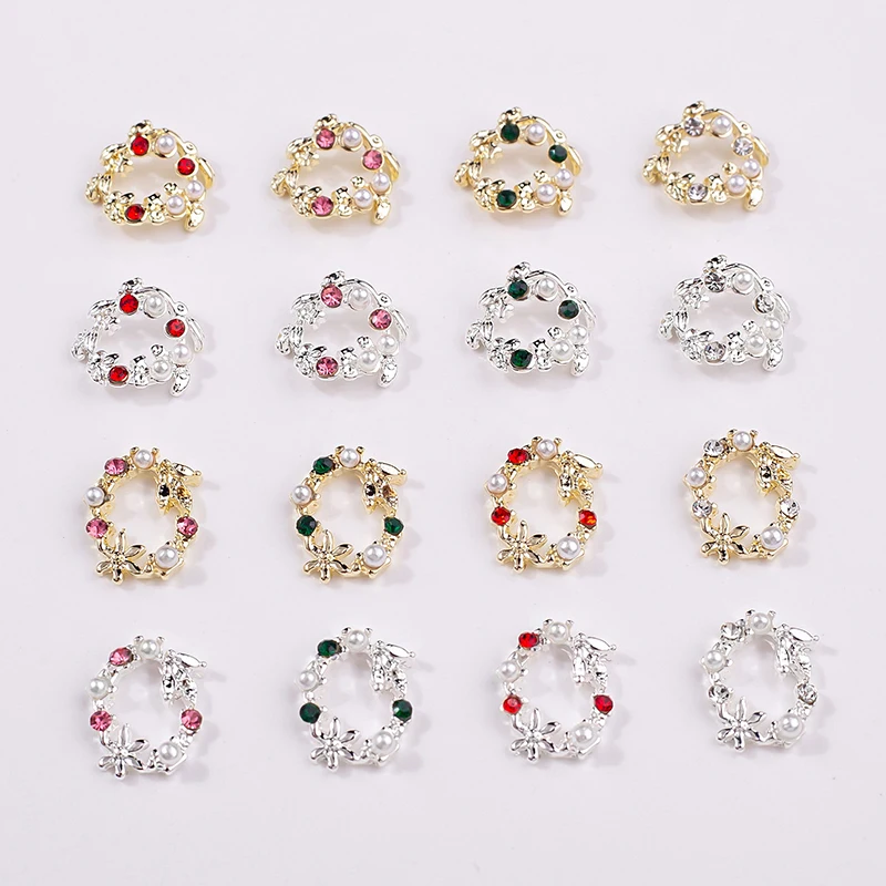 5Pcs Mocha Flower Wreath Pearl Zircon Nail Art Charms Rhinestone Christmas Wreath Design Crystals Biżuteria Nail Art Decoration