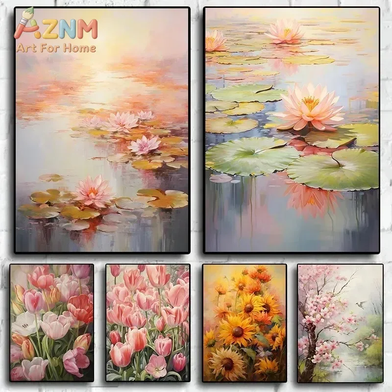 AZNM Oil Painting Style Flower Canvas Wall Art Lotus Tulip Sunflower Cherry Blossom Floral Picture Unframed Canvas Home Decor Pa