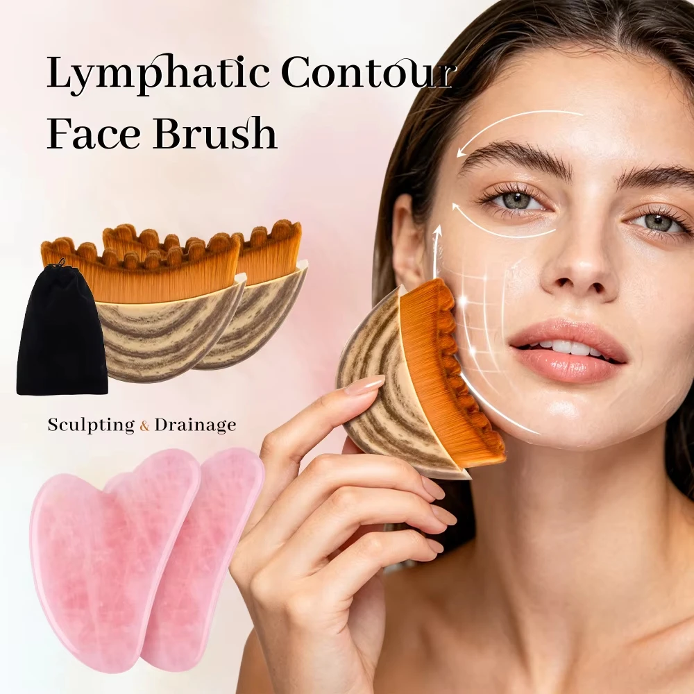 Lymphatic Drainage Face Brush Gua Sha Tool Set Facial Massage Kit Jawline Lifting Relaxation Contour Face Brush with Storage Bag