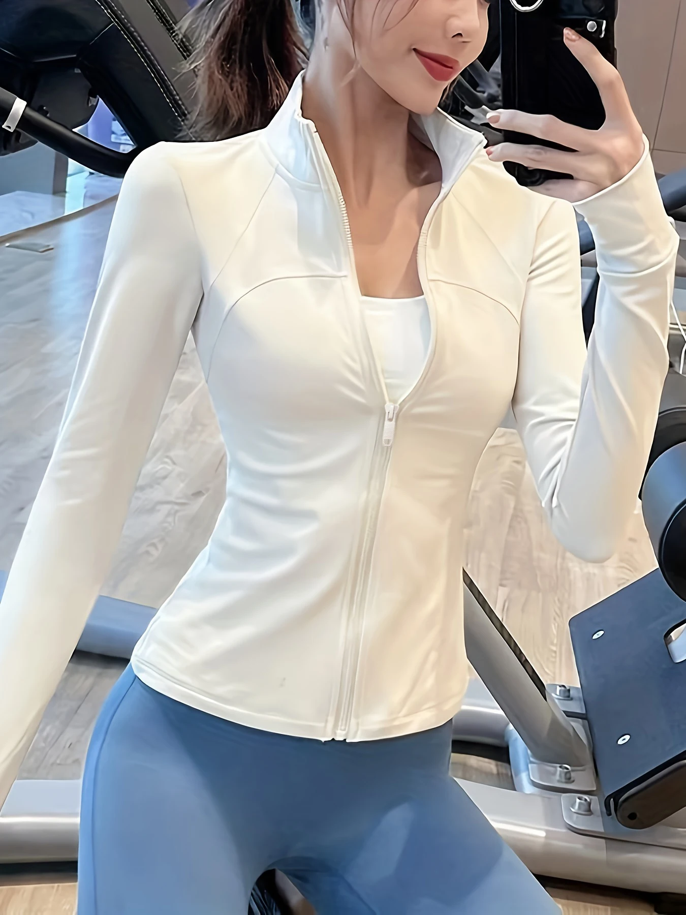 Women's Solid Color Small Stand Collar Long-Sleeve Jacket, Autumn and Winter Casual Sports Zip-Up Cardigan, Slim-Fit Yoga Fitness Long-Sleeve Jacket, Fashionable Waist-Cinching Jacket