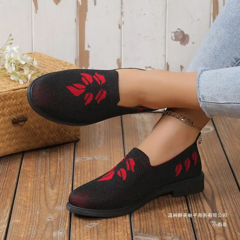 Leisure Women's Loafers Fashion Print Slip on Square Heels Round Toe Breathable Lazy Mesh Shoes Spring Autumn Daily Ladies Shoes