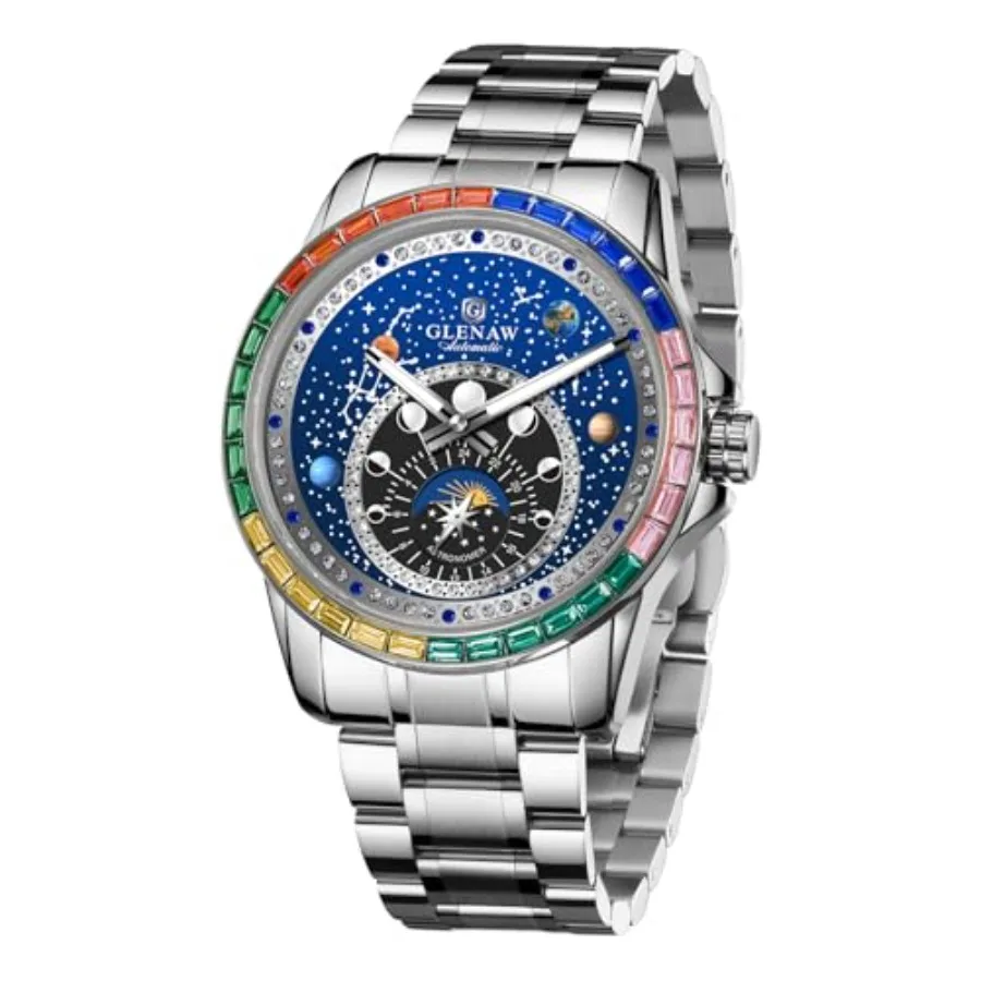 

Automatic Watches for Men- Men's Mechanical Self-Winding Watch, Mechanical Wristwatch with Astronomical Blue Dial, Planets and