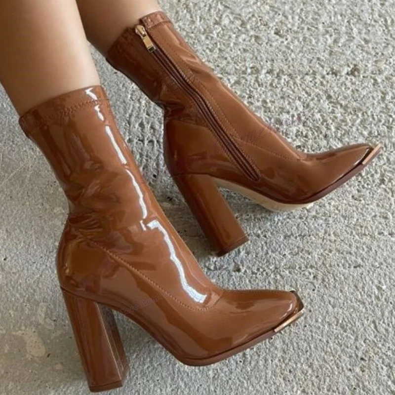 Brown Chunky Heels Ankle Boots Patent Leather Chunky High Heels Shoes for Women Pointed Toe Sexy Shoes 2023 Zapatos Para Mujere