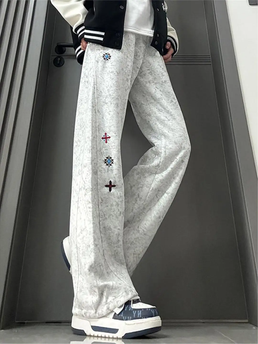 

American Retro Embroidered Tie Dye Wide Leg Pants Men's Spring Autumn Loose Straight Casual Long Trousers Versatile Leisure