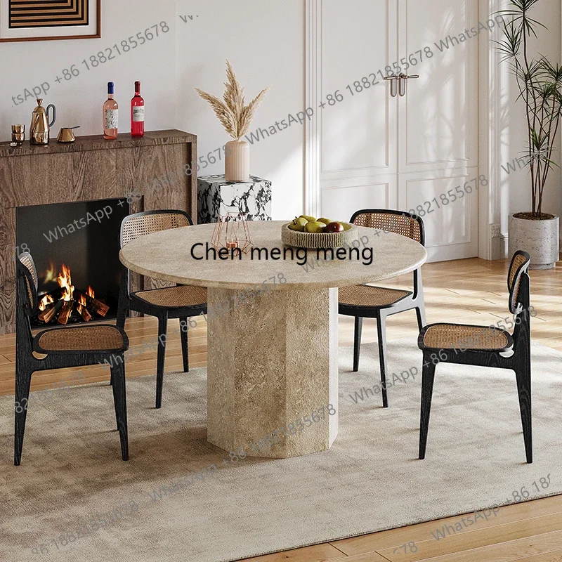 

cc182Living room round natural travertine dining table household small apartment, modern simple dining table retro marble