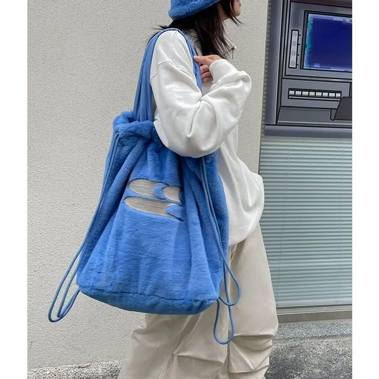 Fashion Y2k Streetwear Underarm Shoulder Bag Korea High-capacity Drawstring Tote Bags Casual All Match Plush Backpacks Mochila