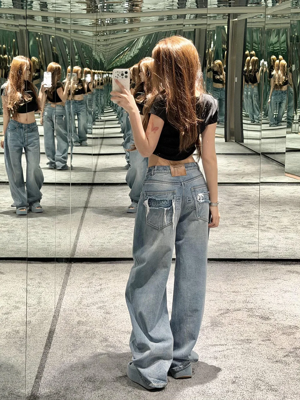 

American Style High Waist Straight Leg Distressed Letter Stamp Denim Jeans Women's Loose Wide Leg Long Pants Summer New