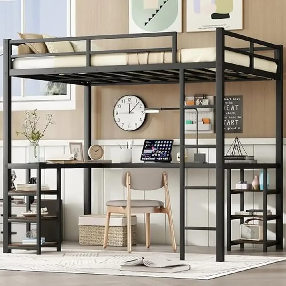 Full Size Loft Bed with Desk and Storage Shelves Industrial Style Heavy Duty Loft Bed Kids Teens Full Size L-Shaped Desk and 6