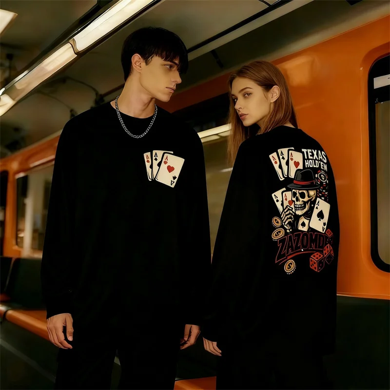 

ZAZOMDE Мужская футболка с длинным рукавом с мультяшным принтом из чистого хлопка, хип-хоп, уличная мода, удобная для осеннего сезона