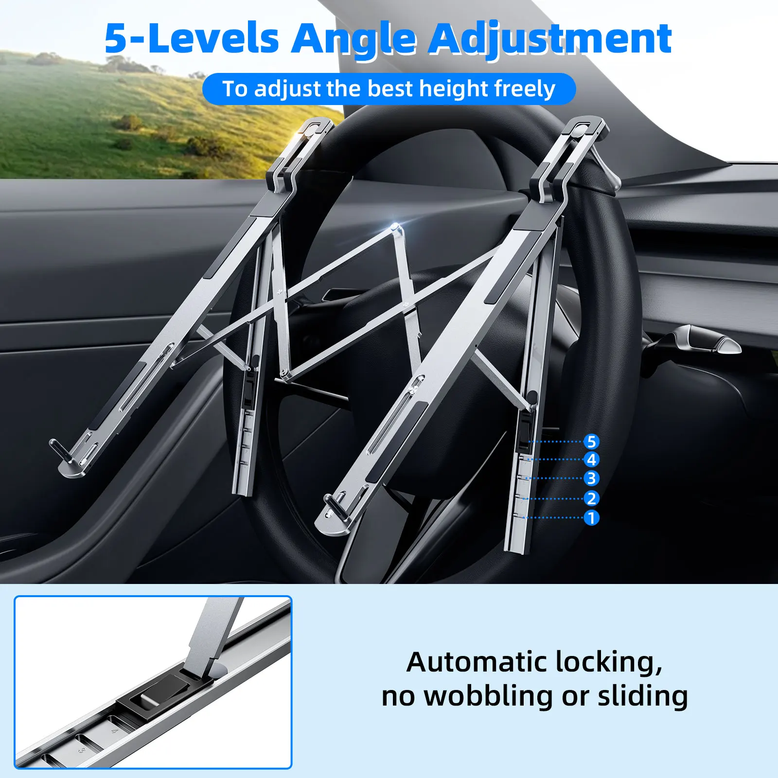 Hipacool Car Steering Wheel Laptop Stand Foldable Portable 5-level Adjustable Notebook Bracket for Macbook Tablet Stand Holder