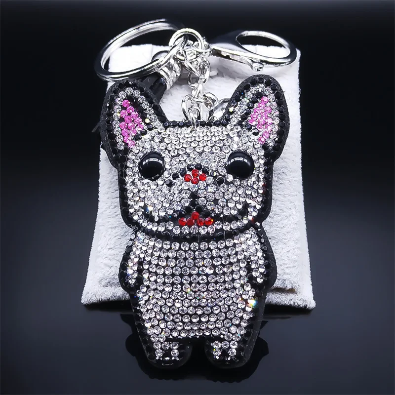 Cute French Bulldog Crystal Tassel Keychain Bag Accessories Lovely Animal Dog Keyring Holder Pet Lover Gift Jewelry porte clé