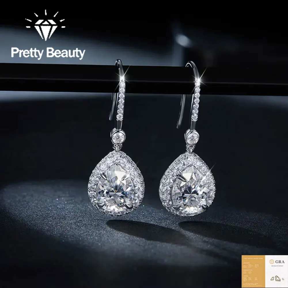 Pretty Beauty 2CT Moissanite Hook Earrings for Women 925 Sterling Silver Teardrop Dangle Earrings Luxury Jewelry Birthday Gift
