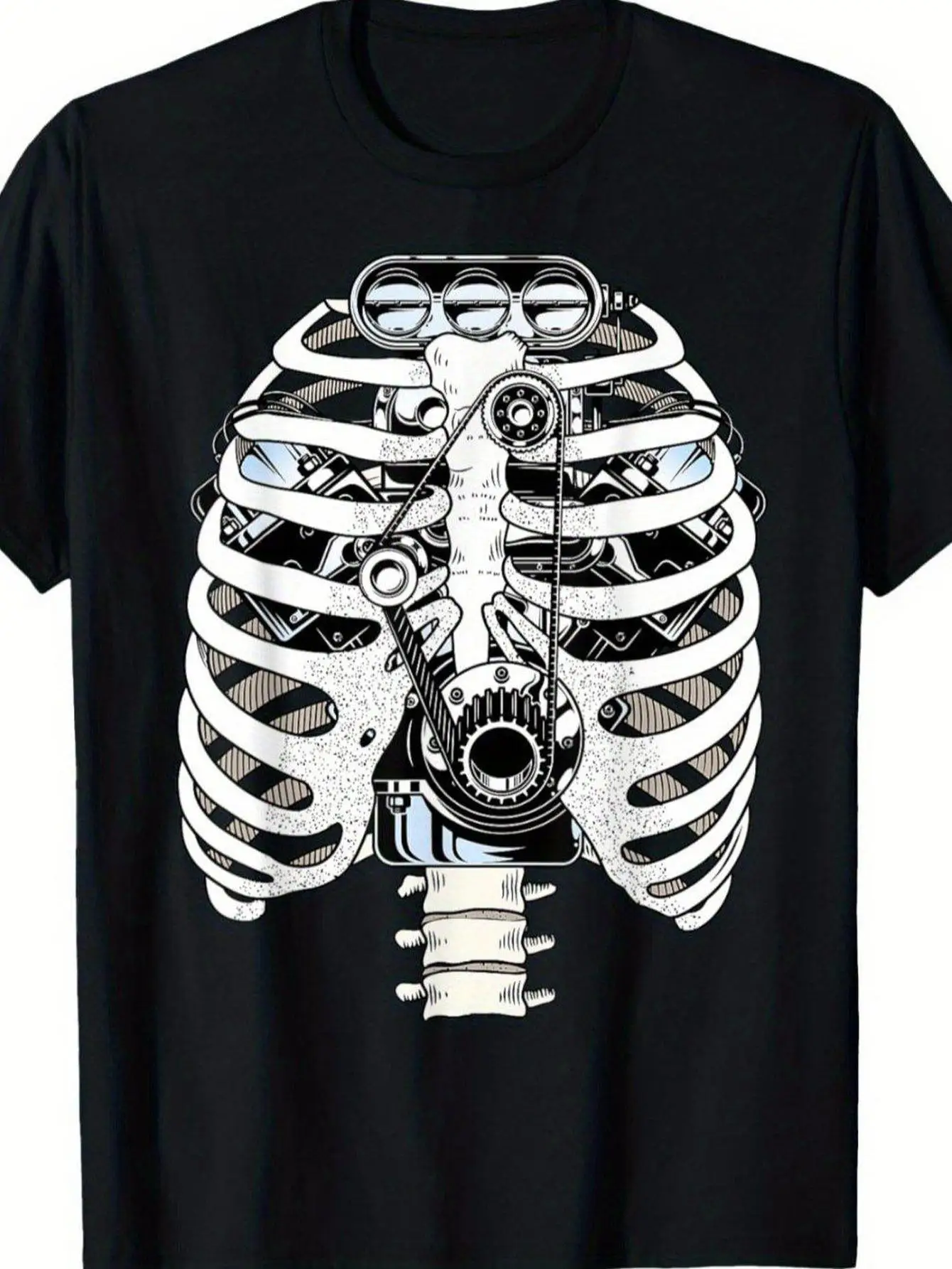 T-shirt noir confortable pour homme avec motif de crâne de mécanicien - Haut décontracté à manches courtes et col rond avec design d'ingénierie automobile complexe