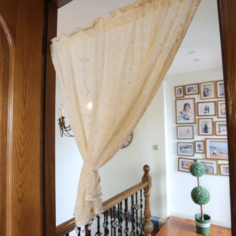 Beige Lace Half-Curtain Palace Round Ring Embroidered Door Curtain No Drilling Coffee Curtain