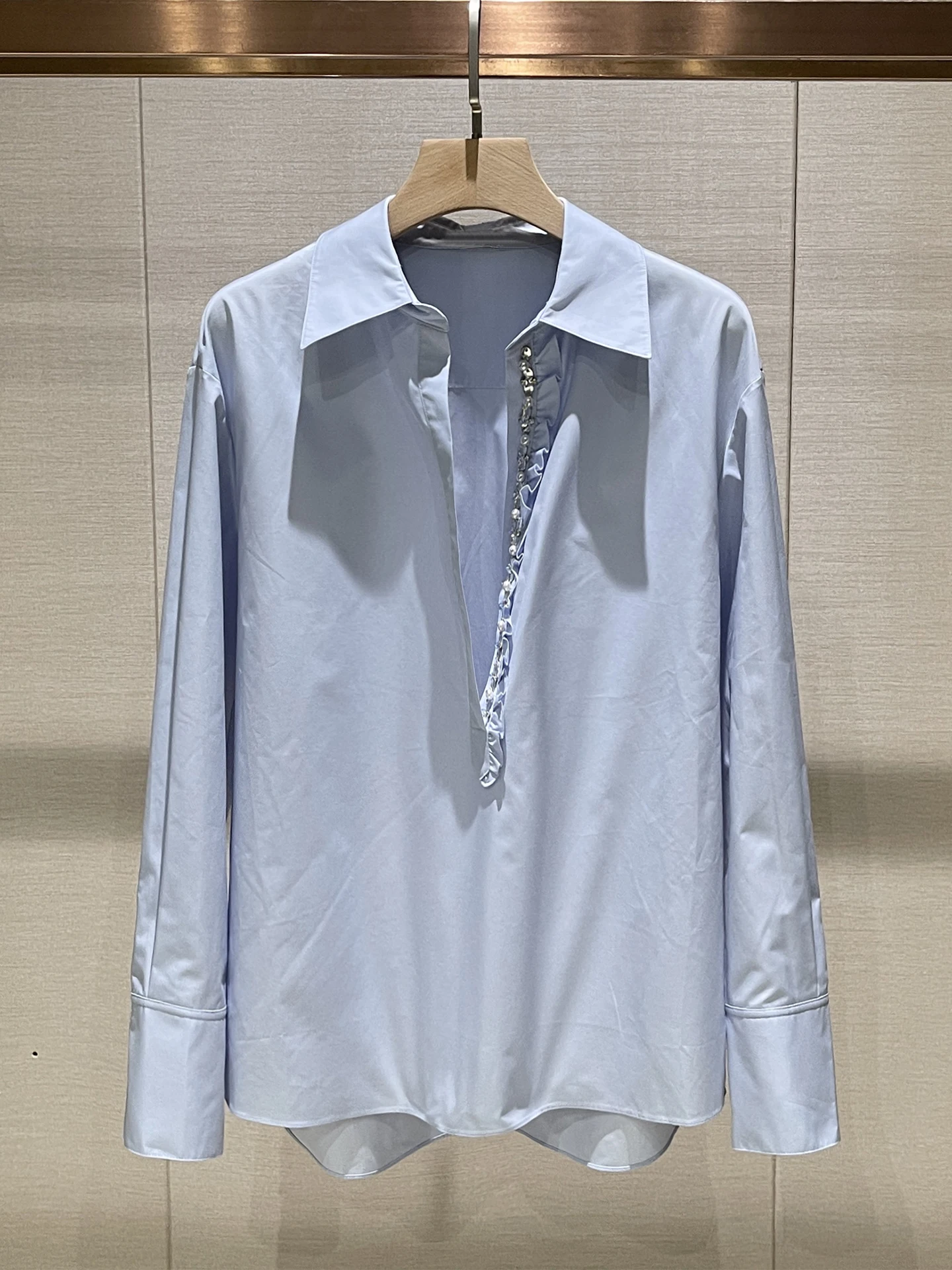 

Ele Blue Long Sve Diamond Embedded Loose irt for Women Commute Sle Autumn Faion Casual irt Not Repeating