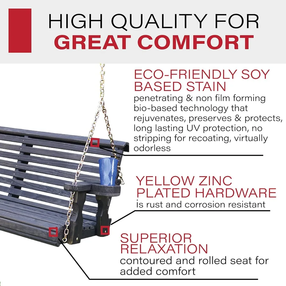 5-Fuß-Verandaschaukel mit rollen Rückenlehne und Getränkehaltern in halbfester, gebeizter Kiefernholz, robust, 700 Pfund. Gewichtskapazität