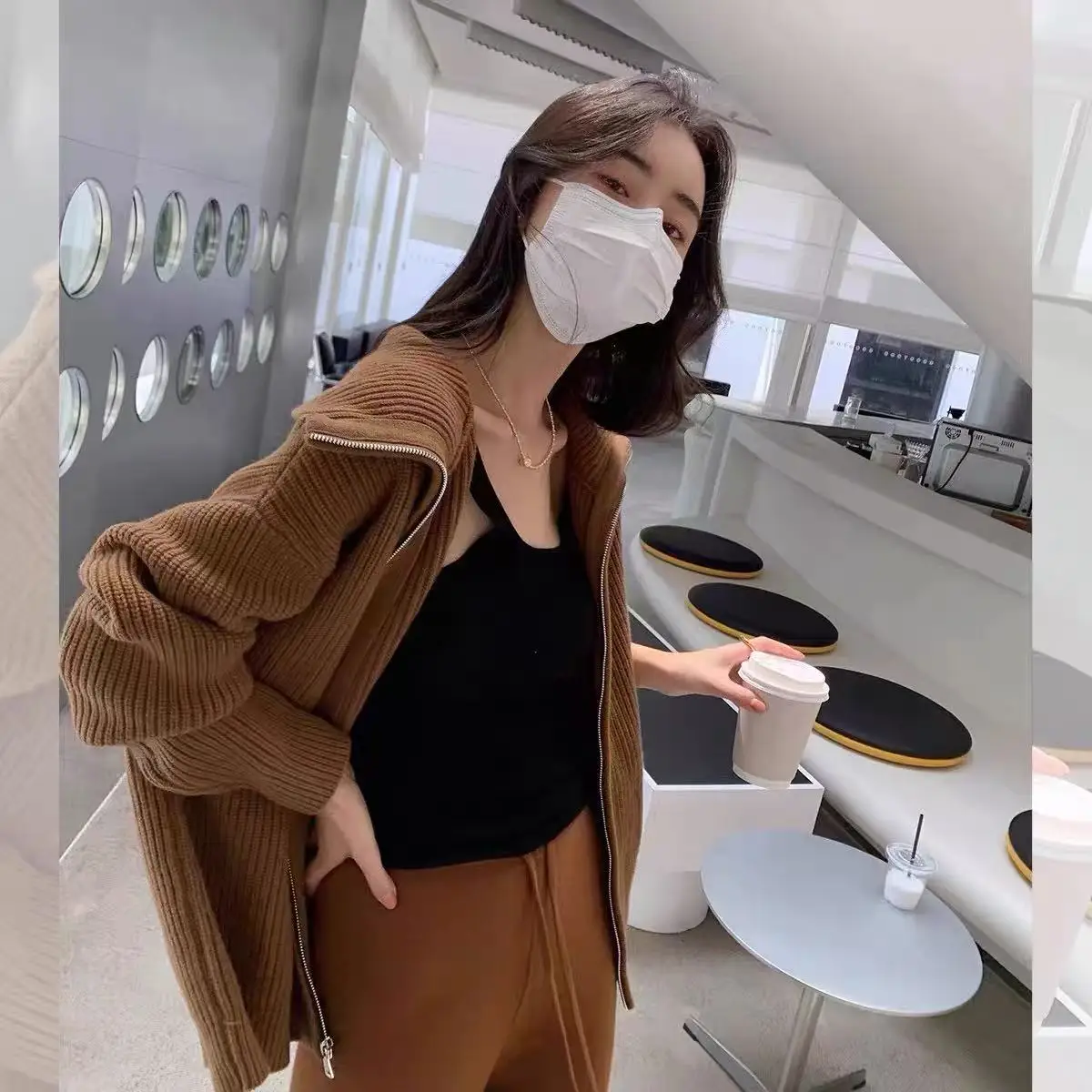 レディース 100% メリノウール セーター カーディガン 秋冬 ゆったりとした厚手の服 スタンドカラー ジッパー アメリカン レトロ トップス