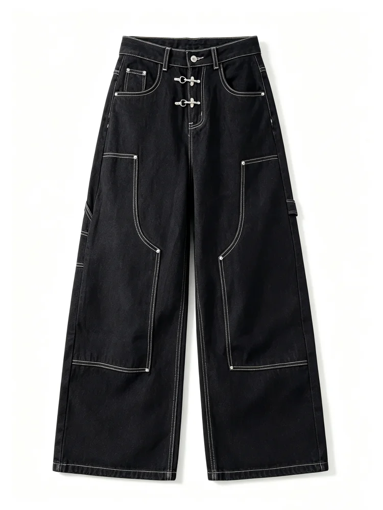Women's Black Gothic Y2k Jeans Vintage Hiphop Grunge Boyfriend style Jeans Pants Baggy Wide Leg Denim Pants Clothes Summer 2027