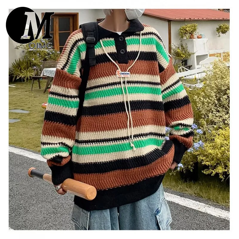 [oimg] Deer Plush Trendy Brand Striped Lapel Knitted For Men's Autumn And Winter Couple Pullover Sweater Jacket