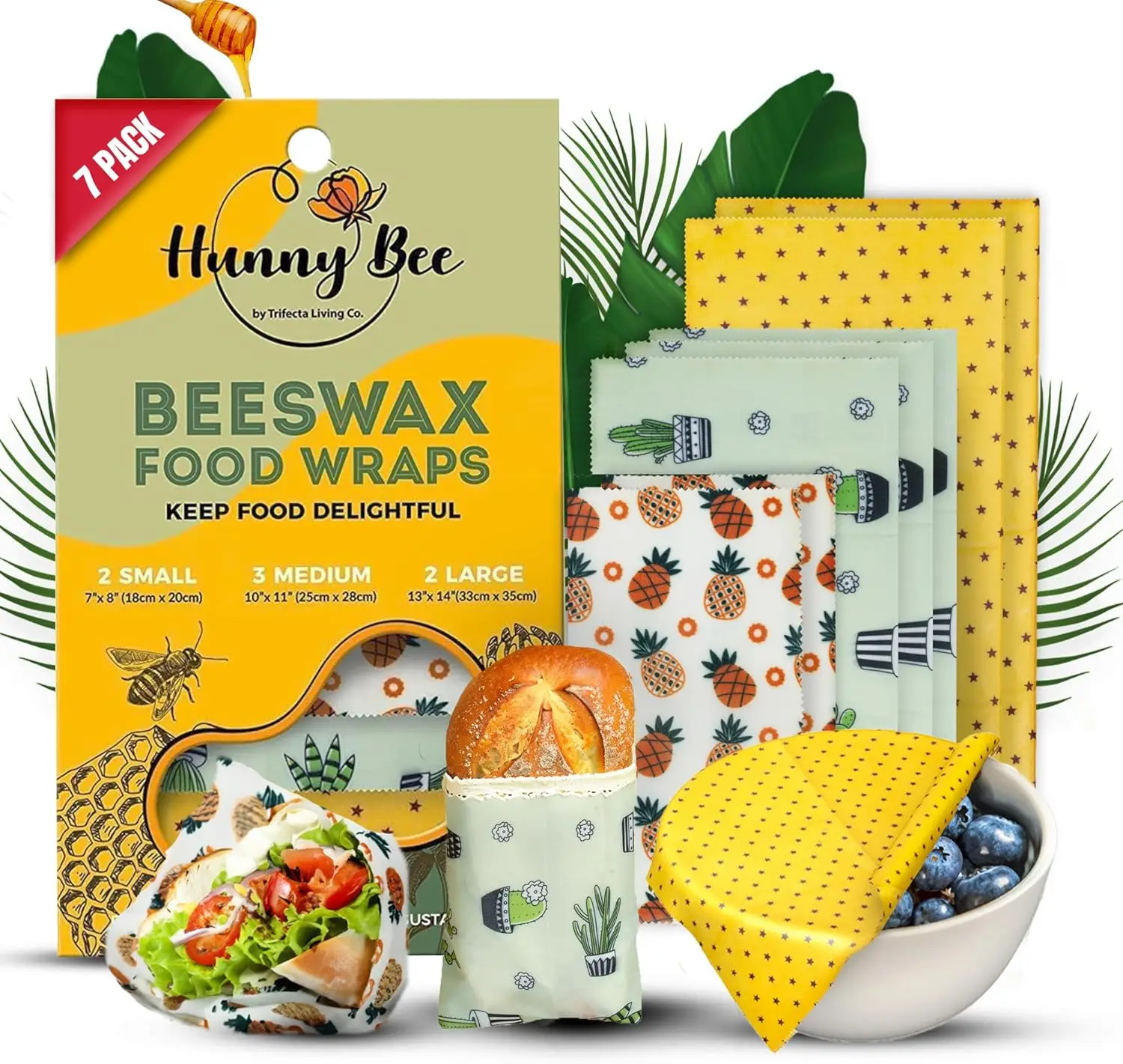 Beeswax Wraps Set of 7, Fresh Food Keeper for Sandwiches Fruits Veggies, Reusable Durable Zero-Waste Kitchen Storage