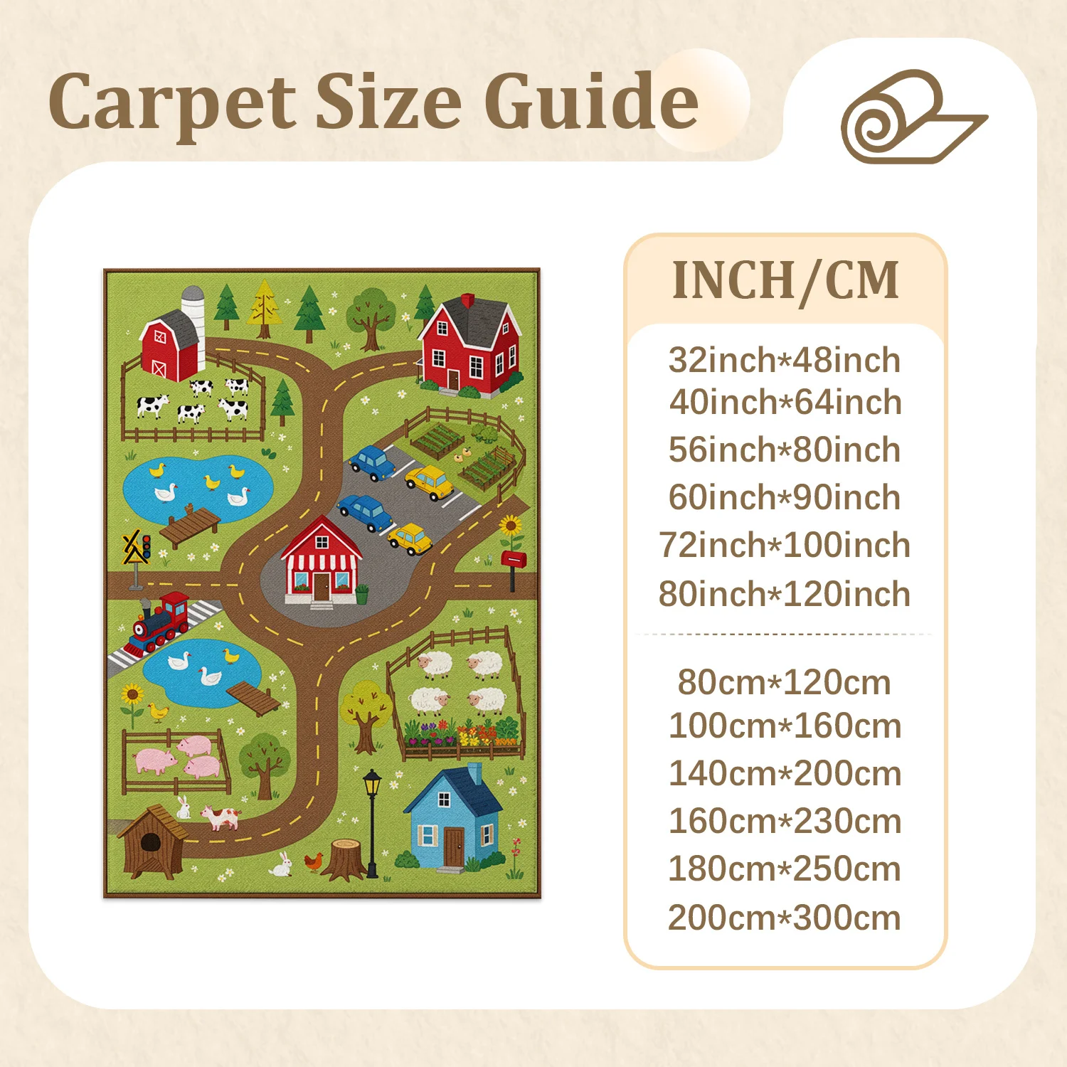 Farm Town Road Map Pattern Velvet Area Rug Machine Washable for Living Room Play Room Dining Room Halloween Thanksgiving Black Friday Christmas New Year