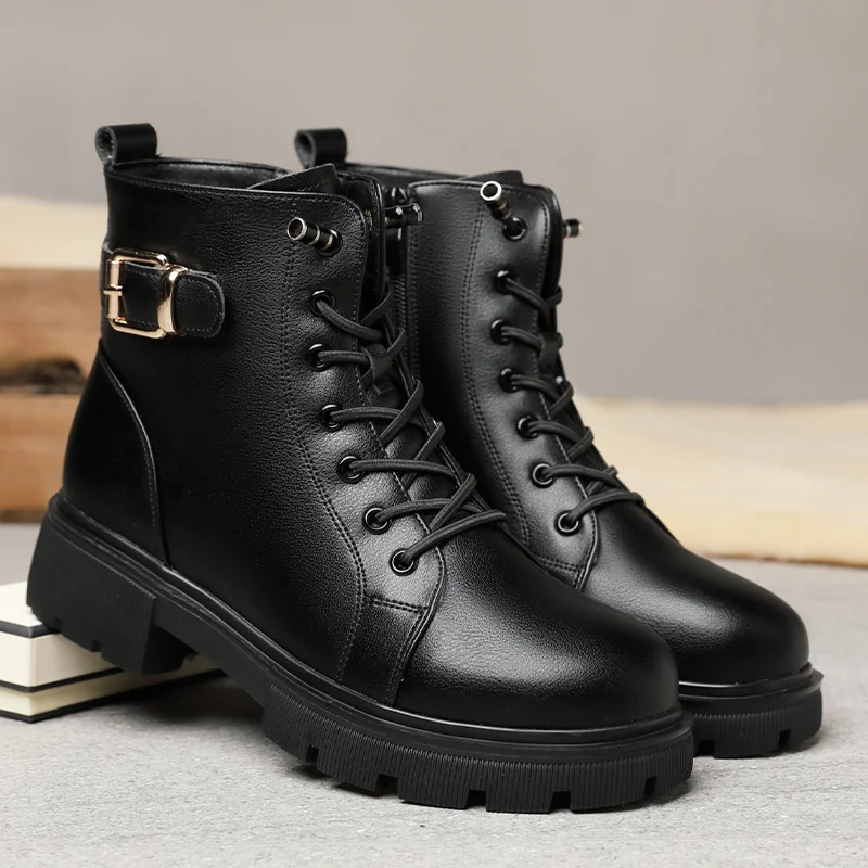 Winter Women's Velvet Anti-slip Platform Boots Round Toe Lace Up Chunky Heeled Zipper Ankle Leather Snow Boots