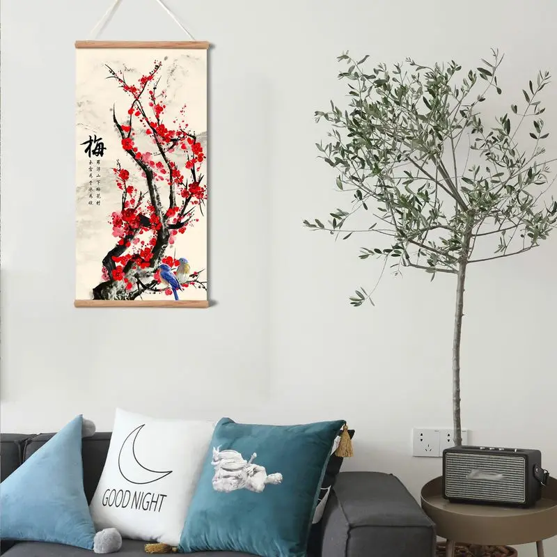 VIKAMA Oriental Plum Flower Bird Wall Hanging Tapestry Wooden Hanger Chinese Ink Art Home Entryway Study Wall Decor