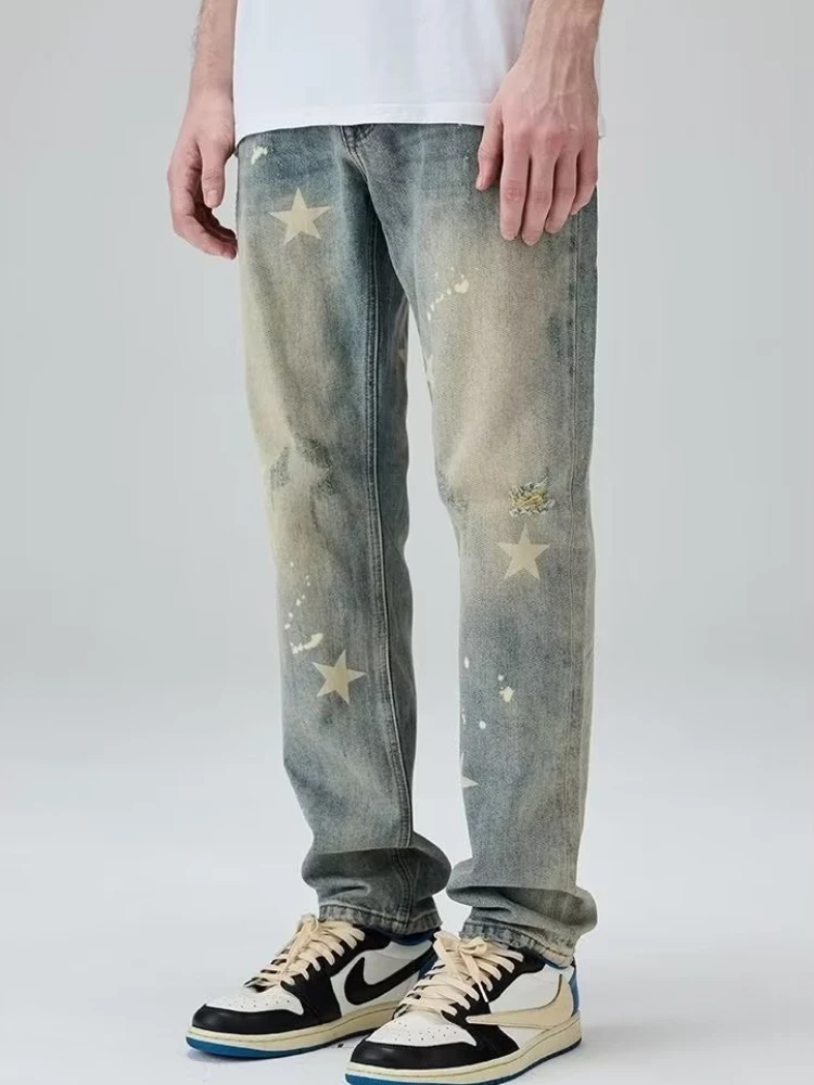 Jeans da uomo Casual Allentato Moda All-match Star Stampato Primavera Autunno Adolescenti High Street Graffiato Stile americano Popolare