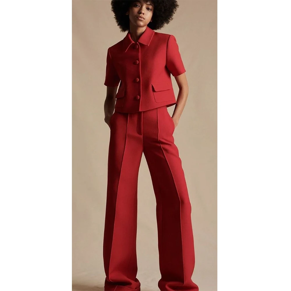 

Tesco Red 2 Piece Women's Suit Short Sleeves Blazer and Pants Customized Single Breasted Patch Pockets Suit Jacket Pants Set