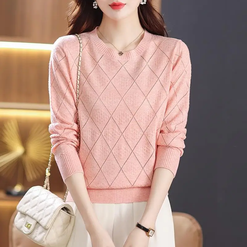 Women Korean Style Simple Casual Hollow Jacquard Knitwear New Spring Autumn Elegant Long Sleeve All Match Knitted Sweater Jumper