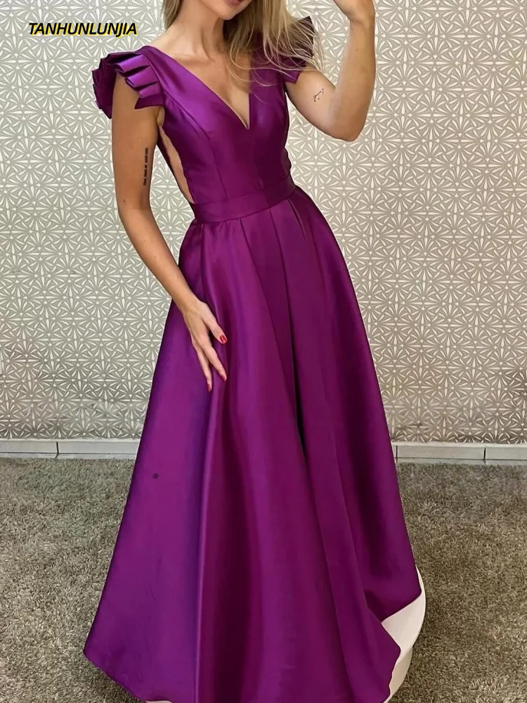 

Purple Satin Long A-line Bridesmaid Dresses Cap Sleeve Pockets V-neck Wedding Guests Dress 2025 Sexy Women Prom Party Gown