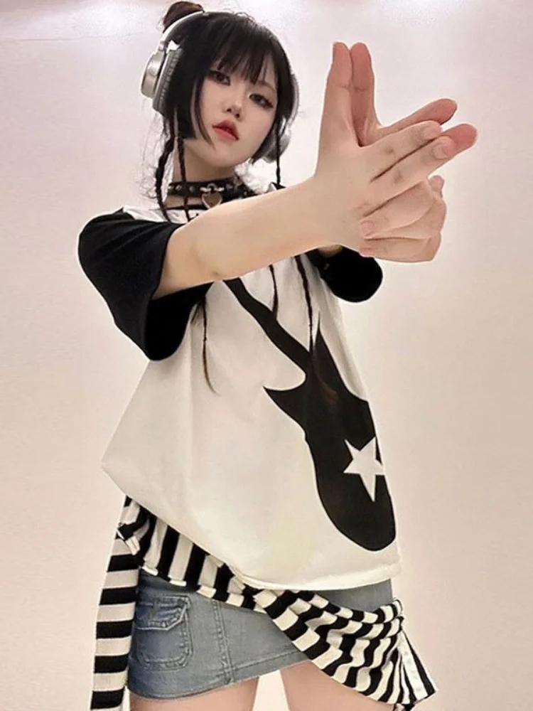 2024 Harajuku Printed Patchwork T Shirt Grunge Women Korean Fashion O Neck  Loose Tops New Y2k Aesthetic Short Sleeve Tee